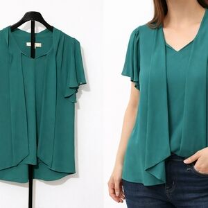 LOFT Teal Short Flutter Sleeve V-Neck Blouse - Small